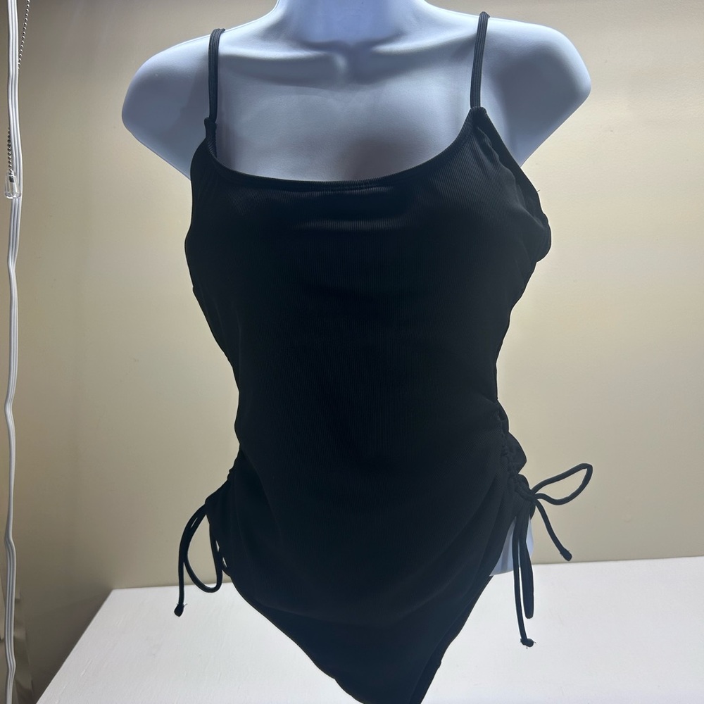 Shade & Shore Black Ruched Side Tank Bodysuit